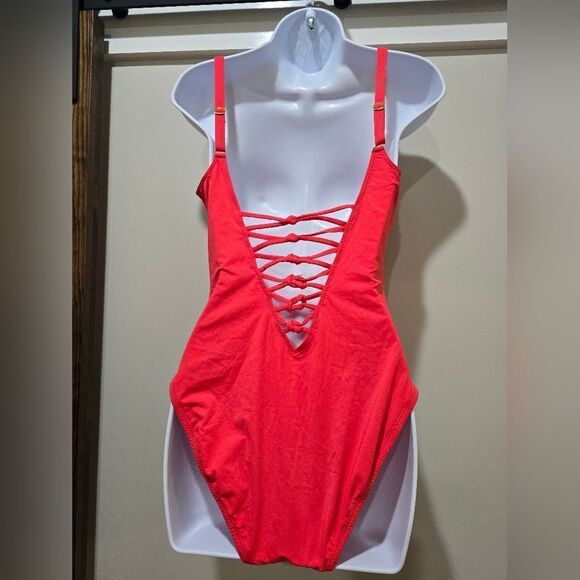 Bleu Rod Beattie Knotty But Nice Lace Down One-Piece Swimsuit NWOT Size 8 Red - Picture 3 of 4